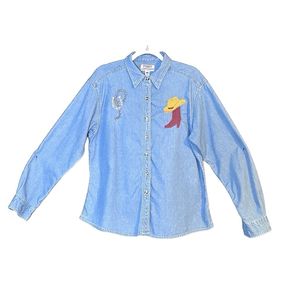 Port Authority Tops - Vintage Womens Denim Western Themed Embroidered Port Authority Shirt Large USA